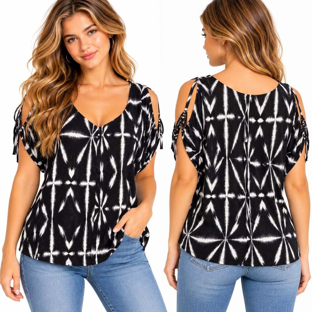 Juicy Couture Womens Black White Geometric Cold Shoulder Blouse Top Y2K Small